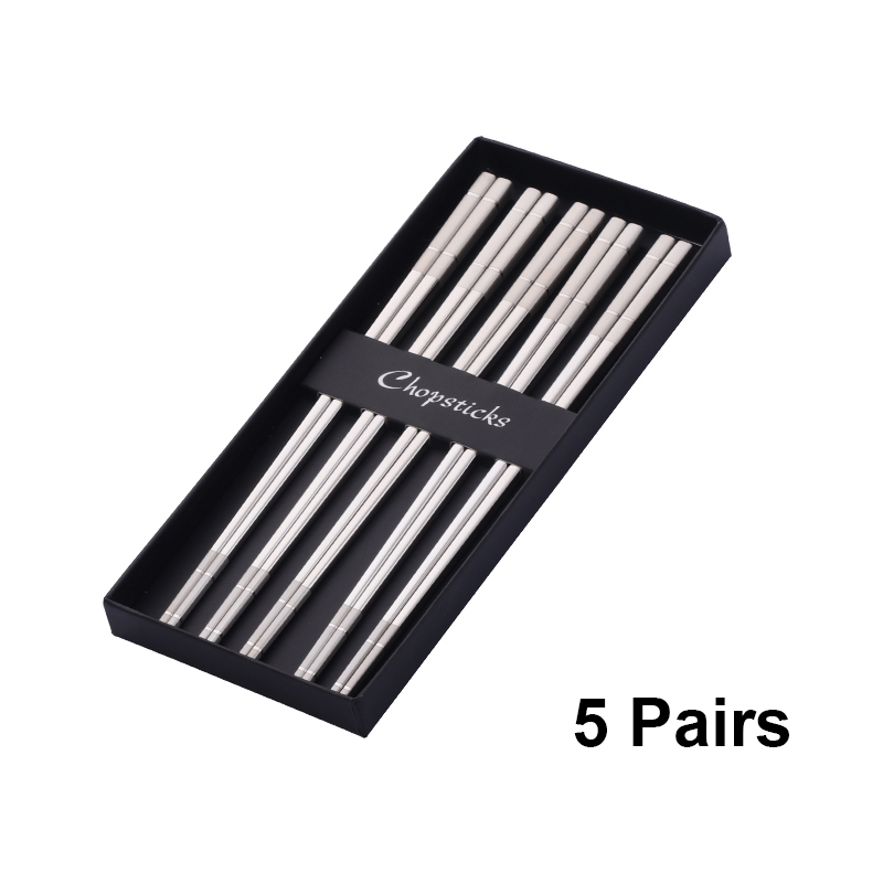 Baguettes chinoises de luxe en acier inoxydable, 5 paires, baguettes à Sushi réutilisables en titane doré avec boîte, bâtons alimentaires en métal: Black
