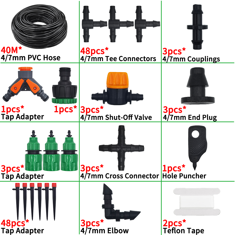 Garden Drip Irrigation System Adjustable Sprinkler Drippers 1/4'' Hose Ball Valve Timer Watering Flowers Lawn Greenhouse: black