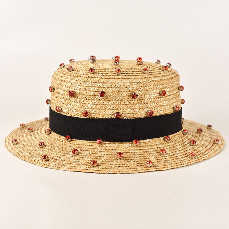 Paja de trigo Natural hecha a mano, decoración de costura de diamantes, sombrero de paja de jazz, viaje al aire libre, Playa: red brim 7cm