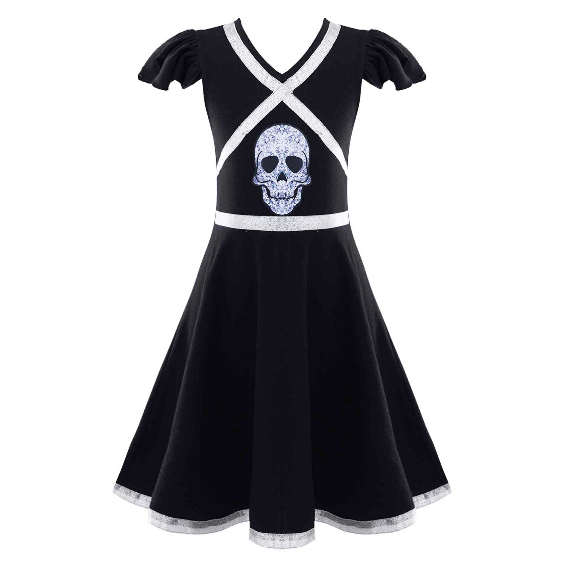 Kids Meisjes Halloween Cheerleader Jurk Flutter Mouw V Hals Kriskras Gestreepte Schedel Patroon Print Cheerleading Dans Jurk: 12