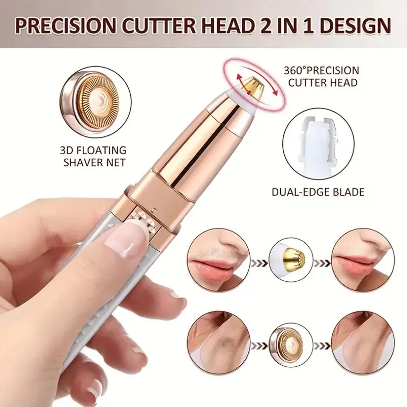Rechargeable 2-in-1 Eyebrow Razor and Hair Shaver with LED Light Painlessly Remove Peach Fuzz Facial Hair Eyebrows Lips Trimmer