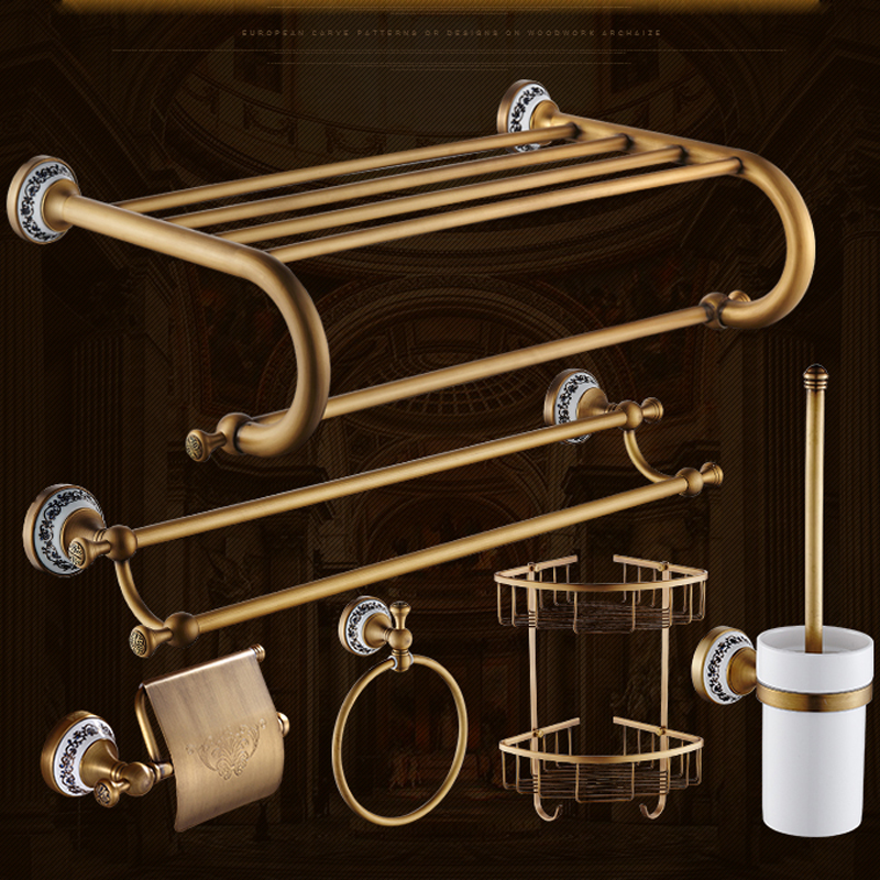 Quyanre Antique Brushed Brass & Porcelain Bathroom Hardware Towel Shelf Towel Bar Paper Holder Cloth Hook Bathroom Accessories