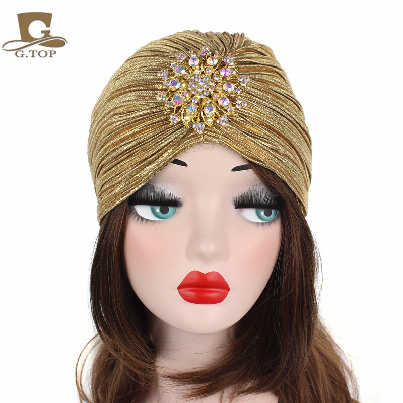 Damer guld sølv diamant juvel turban hatte til kvinder chemo bandana hijab plisseret indian cap turbante hat