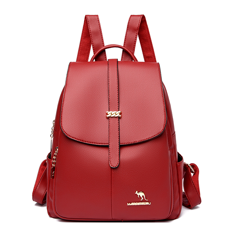 Multifunctional Women Backpack Pu Leather Ladies School Backpacks for Teenagers Girls Casual Travel Bags: Red