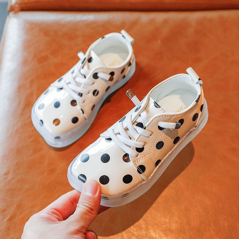 Kinderschoenen van pu leer met stippen, casual schoenen voor kinderen, wit, zwart, veterschoenen voor peuters en meisjes, dansschoenen