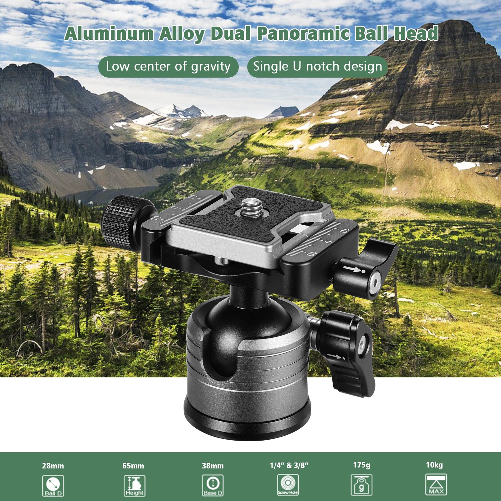 Aluminum Alloy Dual Panoramic Tripod Ball Head U Notch with 1/4 Inch Screw Mount for DSLR ILDC Cameras Max. Load 10kg