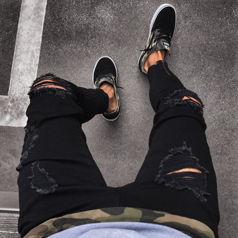 Herre seje sorte rippede skinny jeans ødelagt flossede slim fit denim bukser lynlås hop hop bukser huller til mænd