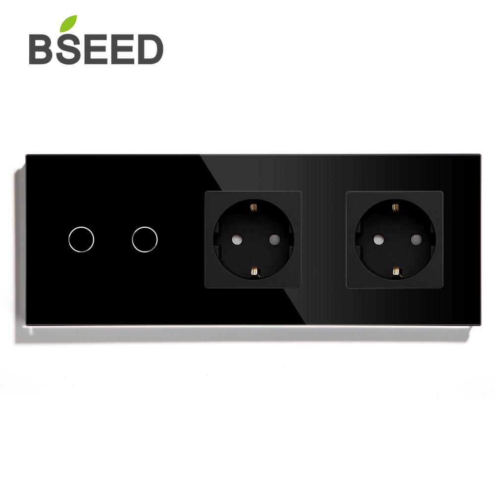 BSEED EU Standard 1 Gang 2Gang 3Gang 1 Weg 2 Weg berühren Schalter Mit Doppel EU Buchse Schwarz weiß Goldene Kristall Glas Tafel
