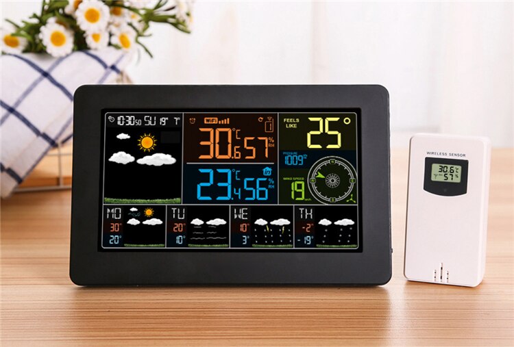 EU Plug Wifi Clock Digital Alarm Clock LCD Weather Station Temperature Humidity Pressure Wind Fouction: colok with 1 Sensor