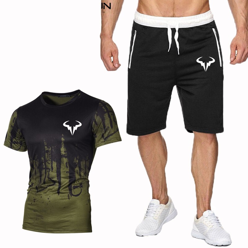 popular Rafael Nadal tennis player suit men's 3DT shirt + shorts men's cabin summer suit: Black green1 / M