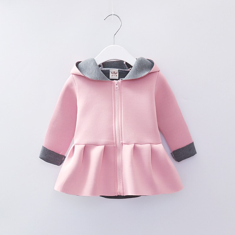 Warme herfst winter babymeisje konijnenoren lange mouwen hoodies jas ruches rits jas bovenkleding katoenen outfits kleding: Roze / 24m