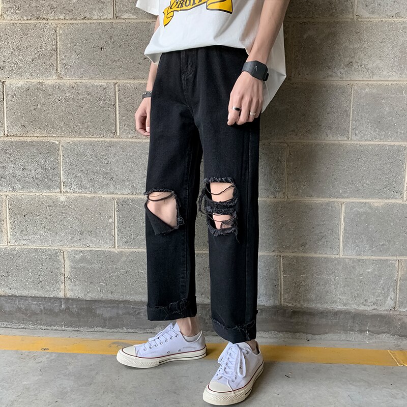 Black stretch jeans skinny fit bottom zipper jeans men knee torn men clothing ripped locomotive pants hip-hop street pants