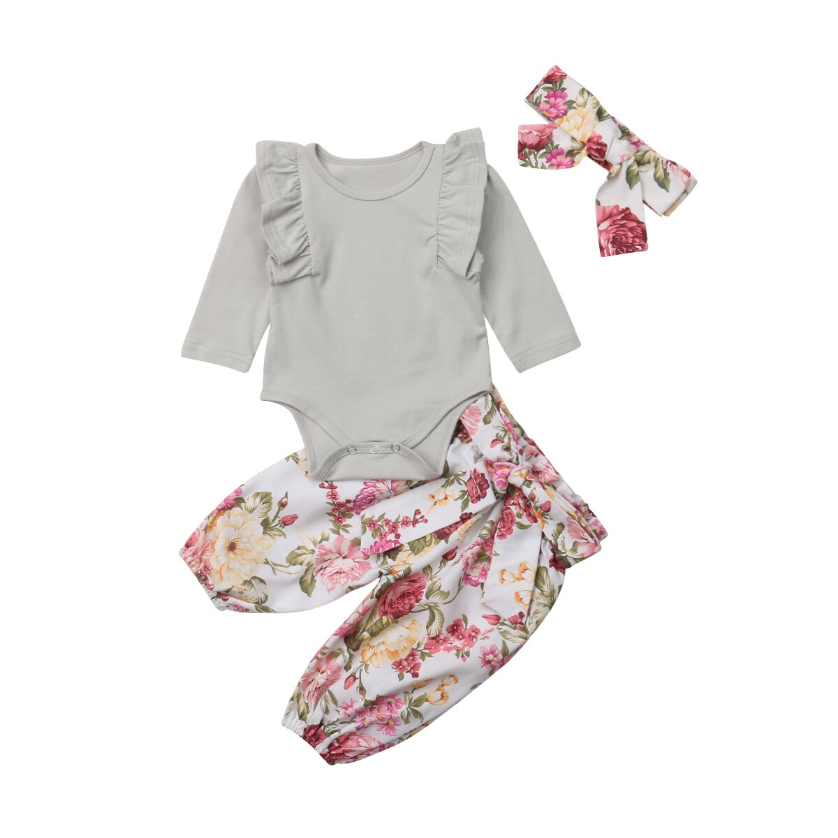 Merke 0-24m spedbarn baby jente gutt blomster høstklær sett volanger lange ermer solide bukser+bukser+hodebånd: Grå / 12m