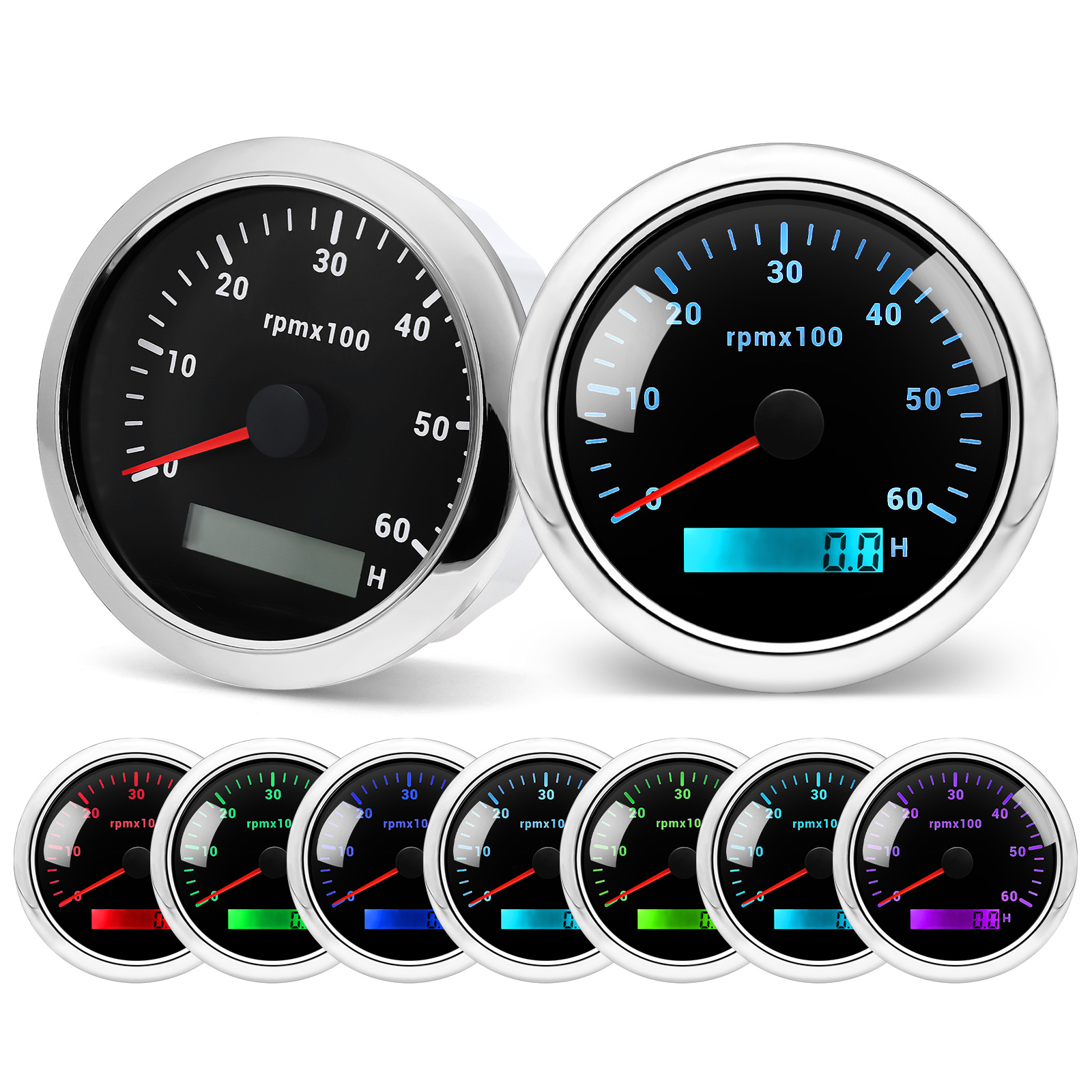 85 mm Drehzahlmesser mit LCD-Stundenzähler für Marine, Boot, Auto, Drehzahlmesser, 8000 U/min, 6000 U/min, Drehzahlmesser, 7 Farben, LED-Hintergrundbeleuchtung