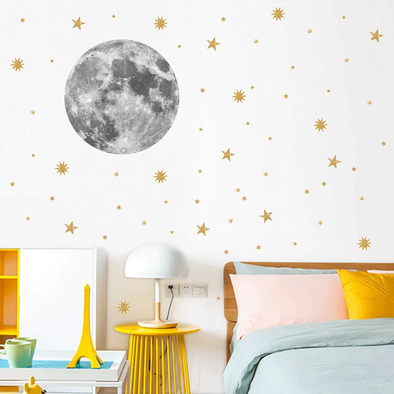 Moon And Gold Stars Wall Sticker For Kids Rooms Be... – Grandado