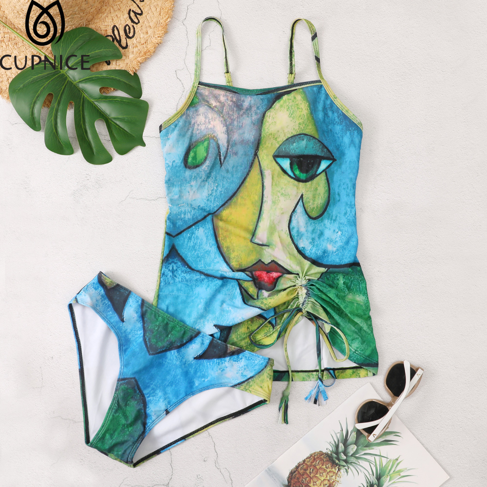 Längeres tankini mit shorts, damen, großer mund, bedruckt, gepolstert, gerafft, mit kordelzug und quasten