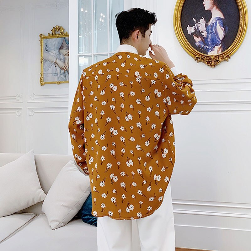 Men Bow Tie Long Sleeve Vintage Casual Loose Shirts Japan Korea Style Male Flower Print Dress Shirts Stage Clothes