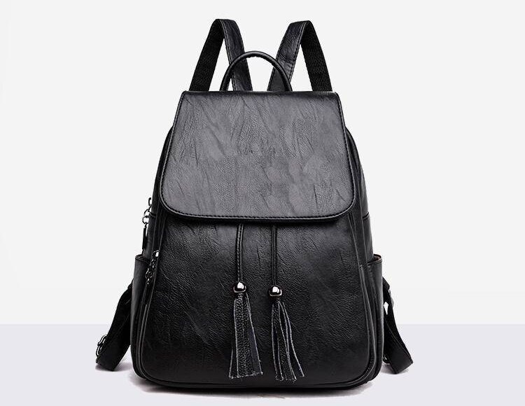 Tassel Pu Leather Backpack Women Drawstring Bag Black Red Soft Solid Backpack Female Youth Bagpack For Teenage Girls: Black