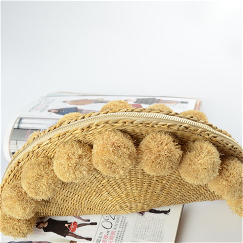 Summer Travel Straw Bag Hand Made Knitting Pom Pom Ball Mini Sector Clutch Bag Beach Bag Ladies Hand Bags