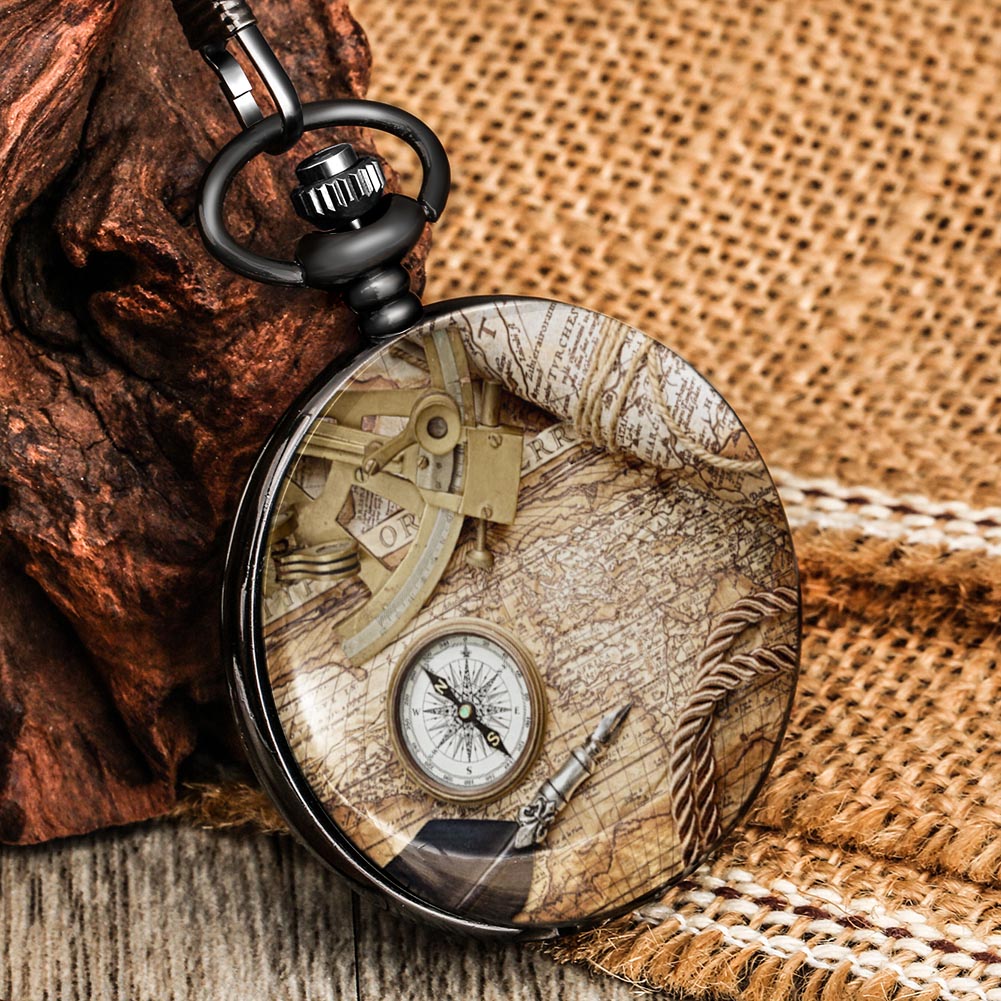 Reloj de bolsillo antiguo Nostalgia, brújula, patrón de mapa, números arábigos precisos, esfera lisa, cubierta Unisex, cadena gruesa, collar, Relojes