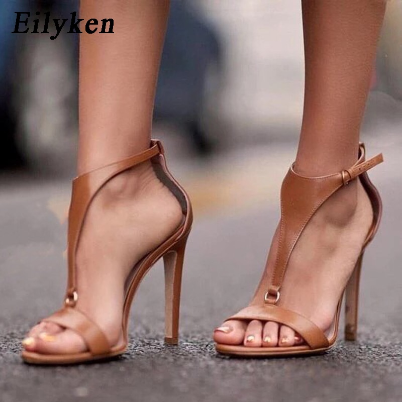 Eilyken Neue Gladiator Frauen Sandalen gucken Zehe hoch Fersen Schwarz Geschmack Dünne ferse Schuhe Braun Schwarz Pumpen Sandalen