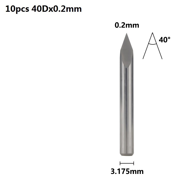 Xcan 3 Rand Piramide Graveren Bits 10 Stuks 20/30/40/45/60/90 Graden Tip 0.1-0.3Mm 3.175Mm Shank Cnc 3D Frees: 10pcs 40Dx0.2mm