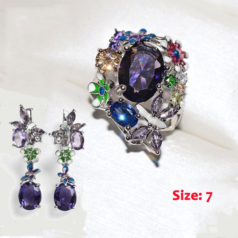 BAOSHINA Set di gioielli da sposa di lusso in zircone viola con fiore viola per donne Grils orecchini anello accessori gioielli femminili: 7