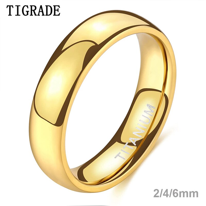Anillo de titanio de 2mm, 4mm y 6mm para hombre y mujer, cúpula chapada en oro de 14K, banda de boda de alto pulido, Unisex, ajuste cómodo, tamaño 3-13,5