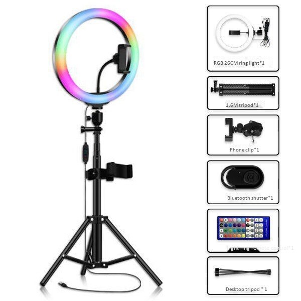 Draagbare Rgb Ring Licht Met Statief 10 Inch Vullen Licht Led Live Licht Mobiele Telefoon Universele Selfie Stok