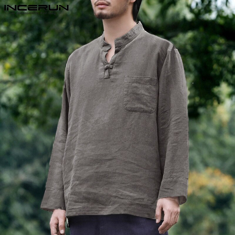 INCERUN Mens Shirt Vintage Long Sleeve V-neck Cotton Linen Men Tops Plus Size Chinese Style Loose Mens Casual Shirts Camisa