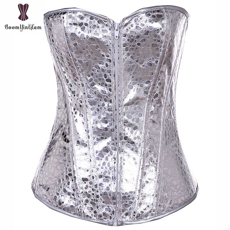 Silver Corset Top Shining Twinkle Faux Leather Overbust Bustier Front Zipper Blink Corselet Elastic Boned Gothic Clubwear Korset