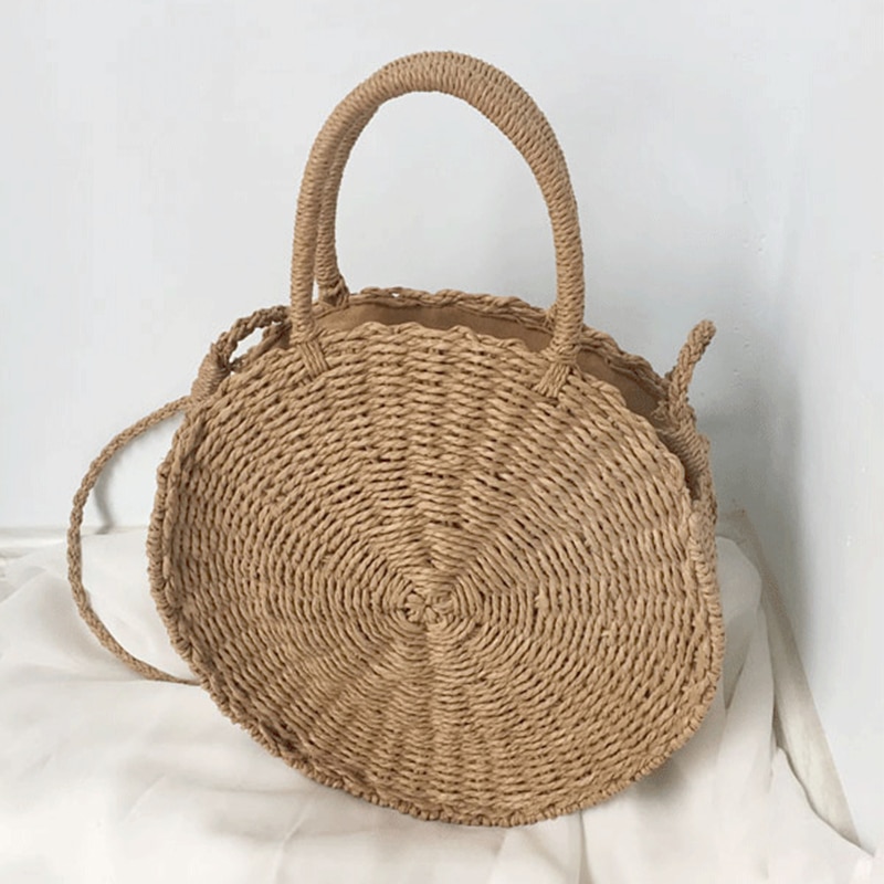 Bolso redondo de paja para mujer, tejida a mano bandolera de mimbre, para la playa,