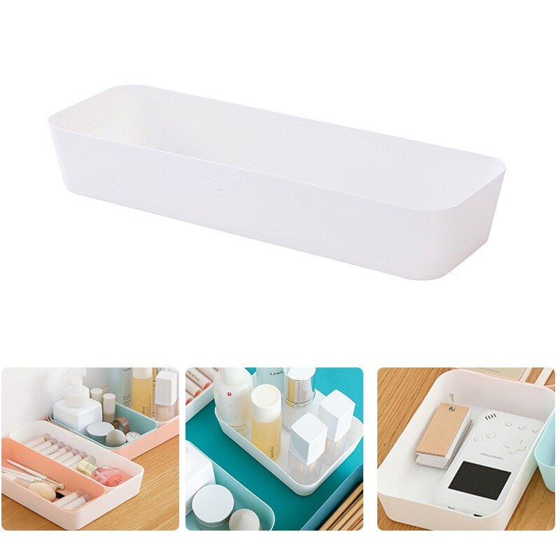 Drawer Separated Storage Box Kitchen Cutlery Small Box Rectangular Plastic Desktop Cosmetic Storage: white 26X8X4.5CM