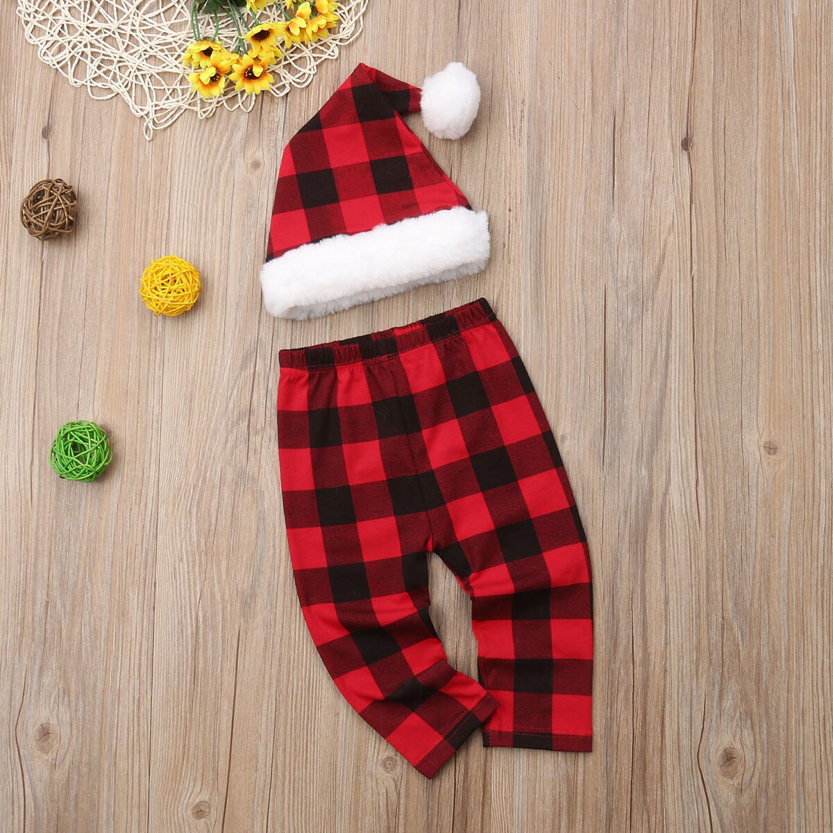 Sombrero + Pantalones de Papá Noel A rayas a cuadros para bebés y niños, traje de juego de accesorios para fotos, sombrero de Navidad, disfraz