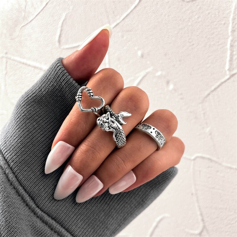 3er -einstellen boho-meerjungfrauenringe für damen und herren, Punk-schmetterlingsringe, verstellbare offene fingerringe, partyschmuck
