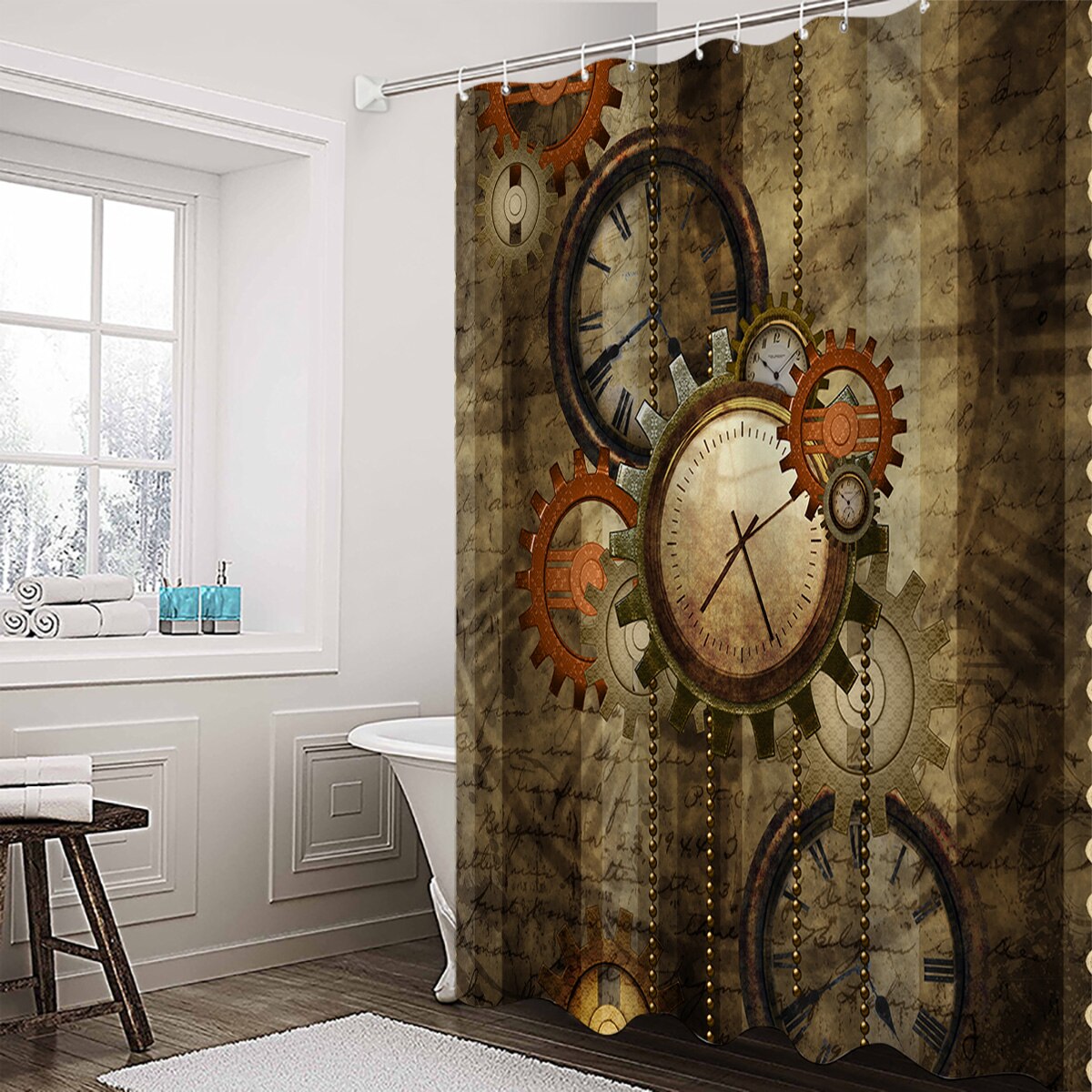 Rétro Steampunk horloges et engrenages rideau de douche imperméable et résistant à la moisissure Polyester tissu rideau de bain