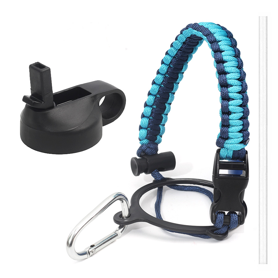 Hydro Flask Thermos Wide Mouth Bottle Safety Ring and Carabiner Paracord Handle with Insulated Wide Mouth Cap + Water Cup Strap: Blue