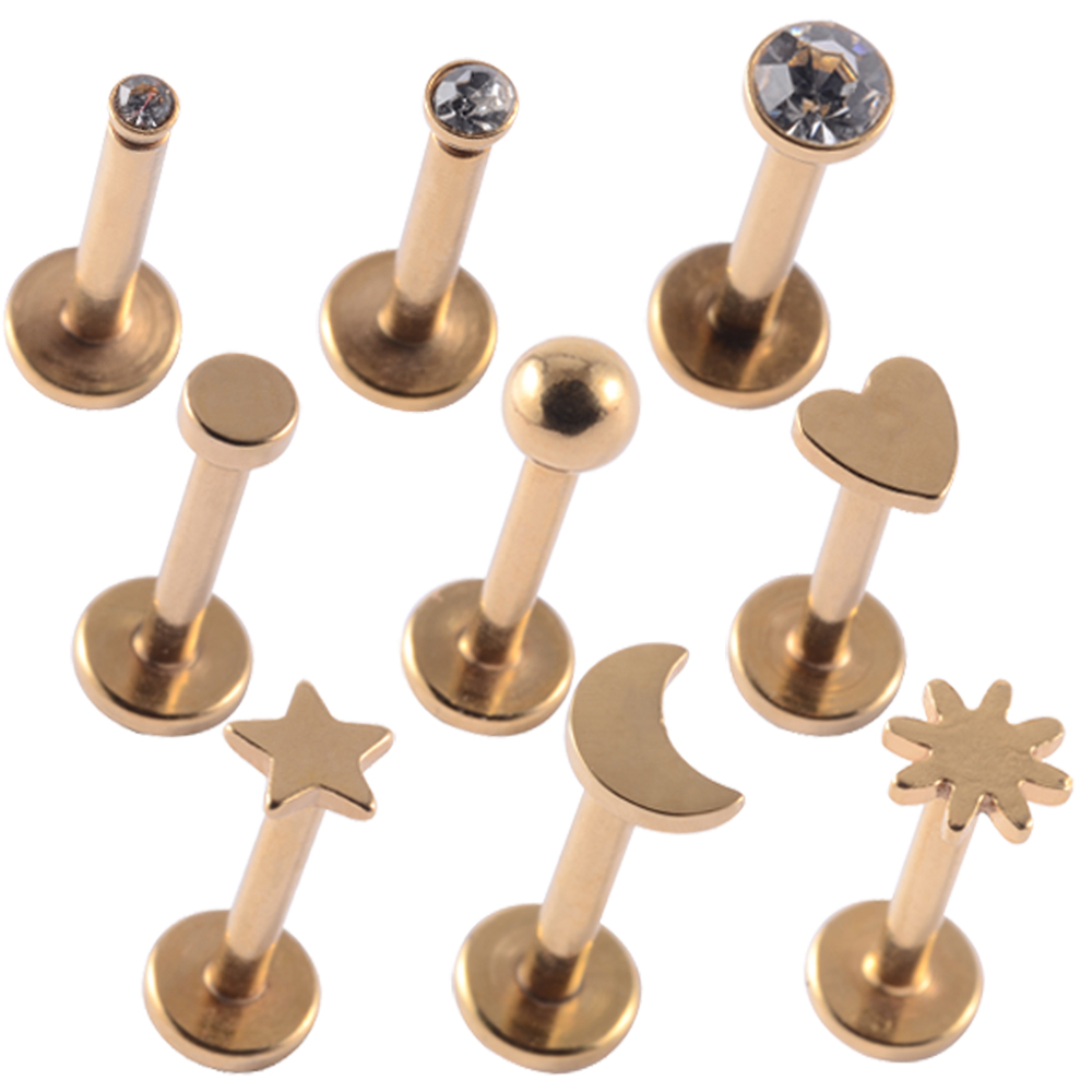 Pendientes de Labret de acero quirúrgico, Piercing de labio de formas mixtas, estrella, Luna, corazón, oreja, cartílago, Tragus, joyería con rosca interna, 9 unidades por lote: Negro / PLATEADO