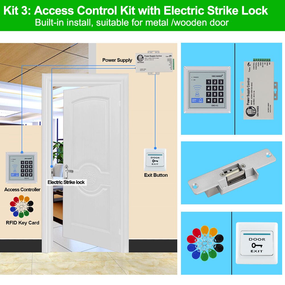 Full RFID Door Entry Access Control System Kit Set DC12V 1000 User 125KHz with Electric Magnetic Lock Strike Bolt Lock for Gate: Kit3 Strike Lock