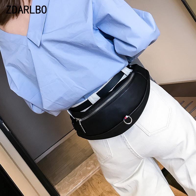 PU Leather Women Waist Bag Fanny Pack Black White Shoulder Crossbody Chest Bags Female Banana Belt Bag Hip Purse