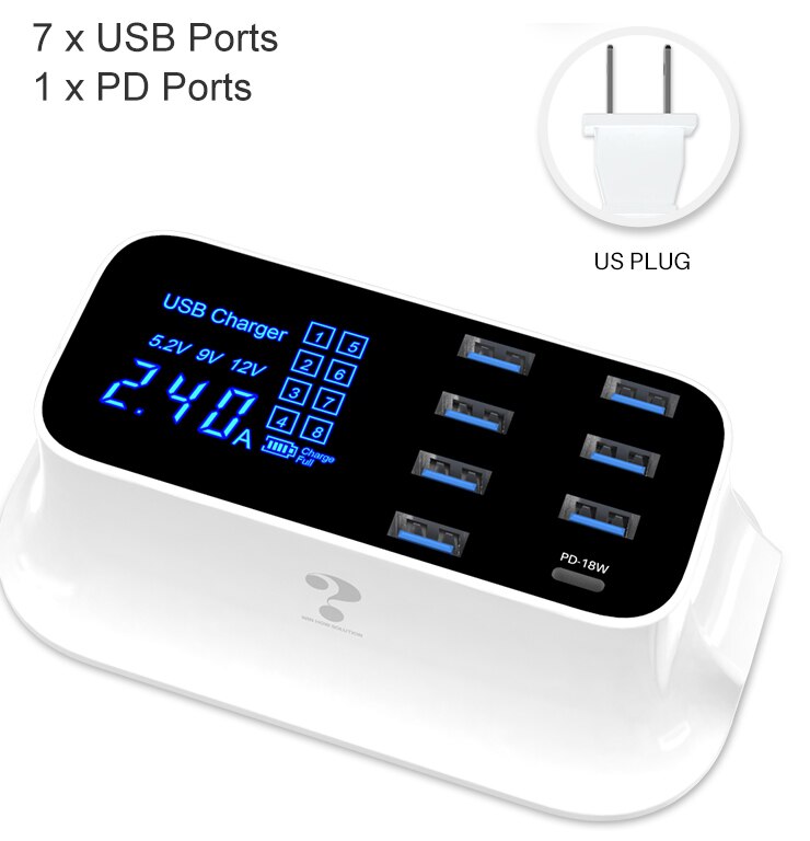 Goojodoq carregador pd 40w 8 entradas, carregador usb inteligente, display led, carregamento rápido usb para apple, iphone, adaptador, ipad xiaomi samsung: 8Ports White  US