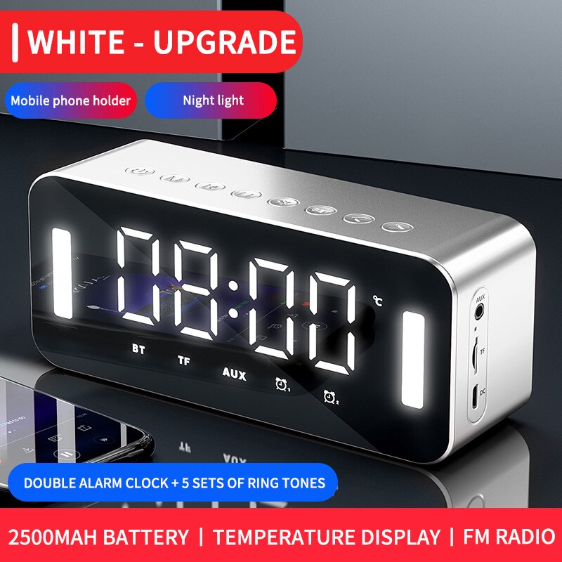 Multifunctionele Wekker Bluetooth Luidspreker Met Fm Radio Led Display Spiegel Snooze Draadloze Subwoofer Muziekspeler Tafel Klok: 02 upgrade