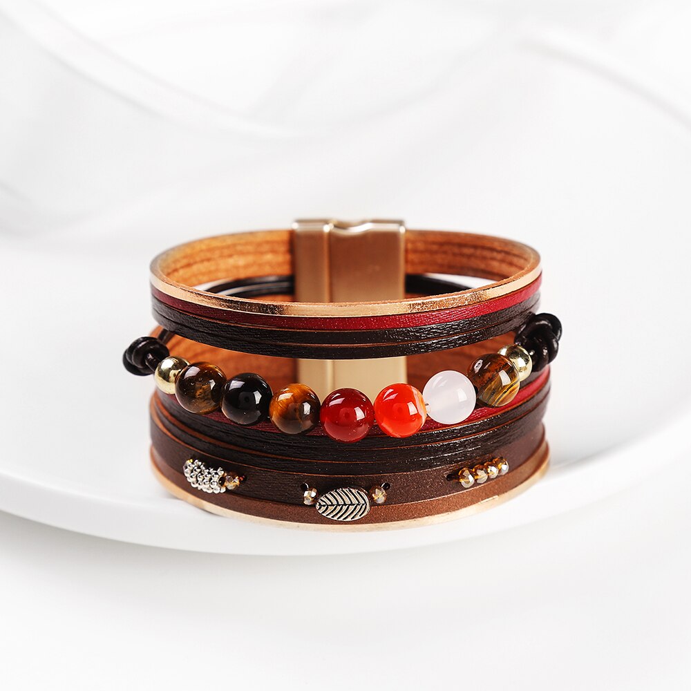 WYBU – Bracelet en cuir multicouche, avec fermoir magnétique, perles, corde, pour femmes et filles