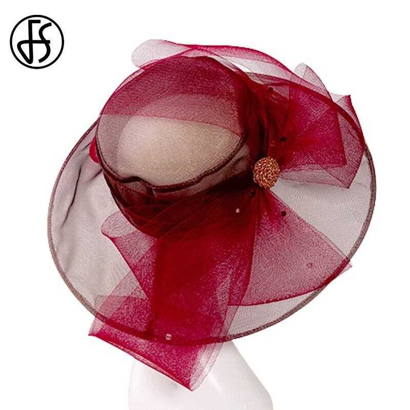 FS Beige Weiß Organza Breite Krempe Sonnenhut Hüte Für Frauen Kirche Hüte Frauen Elegante Kentucky Derby Hütte Damen Großen Bogen Fedora