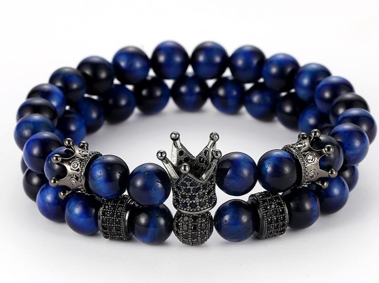 8 Mm 2 Stks/set Jt5u Elastische Aangepast Natuur Blauw Tijgeroog Bead Micro Pave Cz Zirkoon Zirconia Kroon Armband: 3