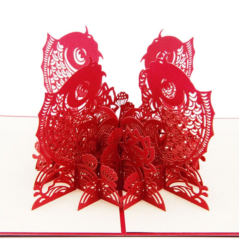 3D Up Greeting Card Chinese Year Fish Surplus Year After Year Christmas QX2E
