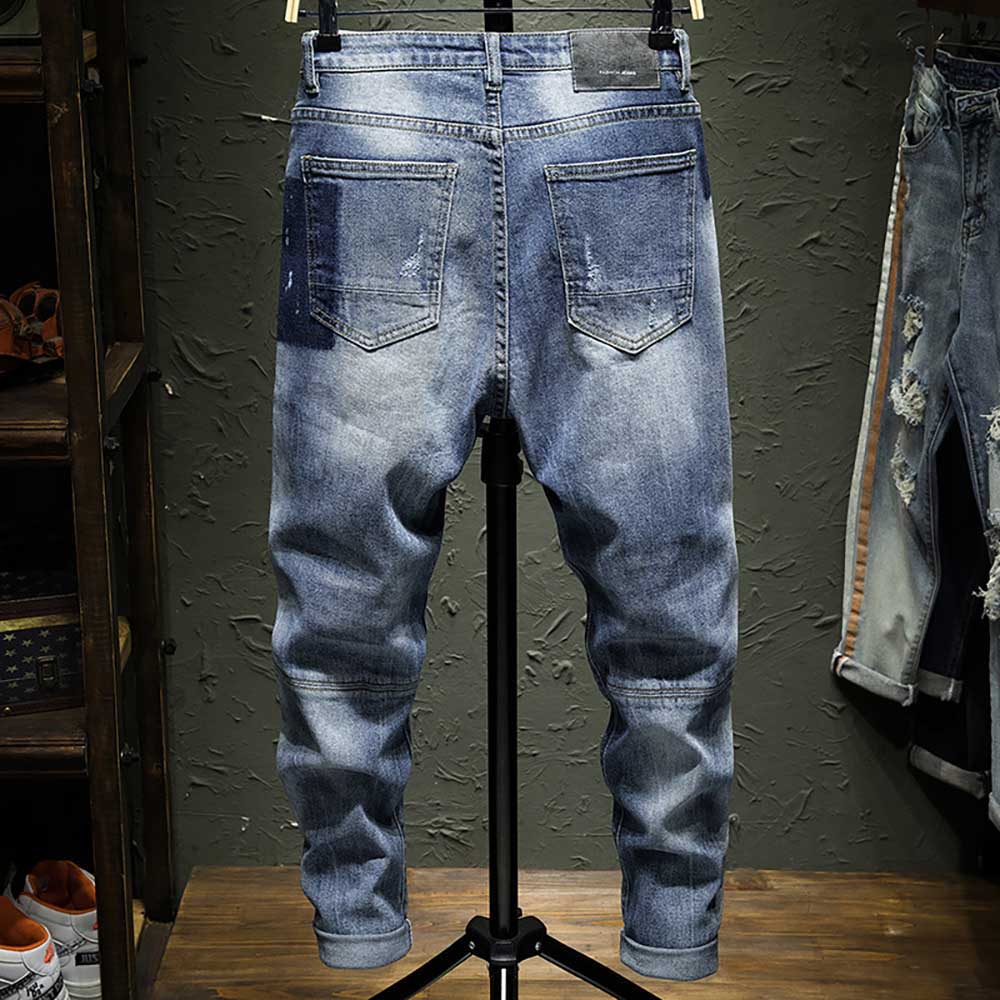 Trendy Ripped Jeans Men Casual Denim Jeans Pants Straight SLIM Holes Joggers Trousers Distressed Blue Harem jeans Man Clothing
