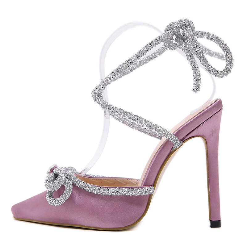 Gladiator kvinder bryllupssandaler spidstå silke dame bling sko sløjfe rhinestone ankelrem snøre festsandaler: Lyserød / 6