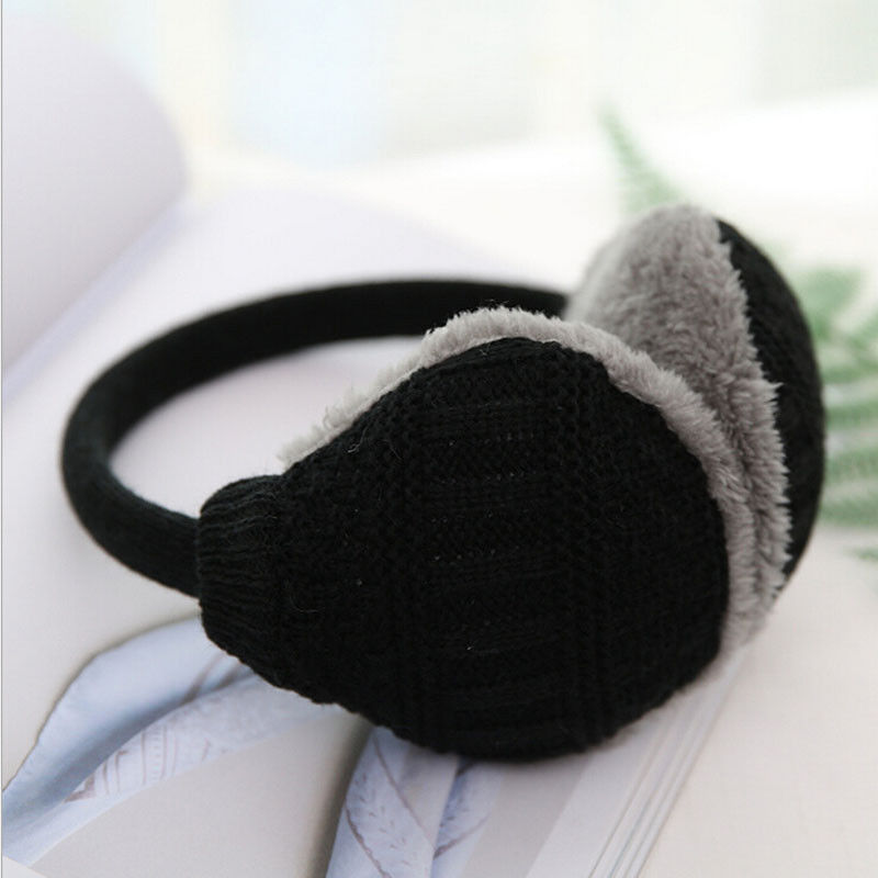 Sweet Girls Women Winter Solid Color Warm Knitted Plush Casual Earmuffs Ear Warmers Ear Muffs Earlap: Black