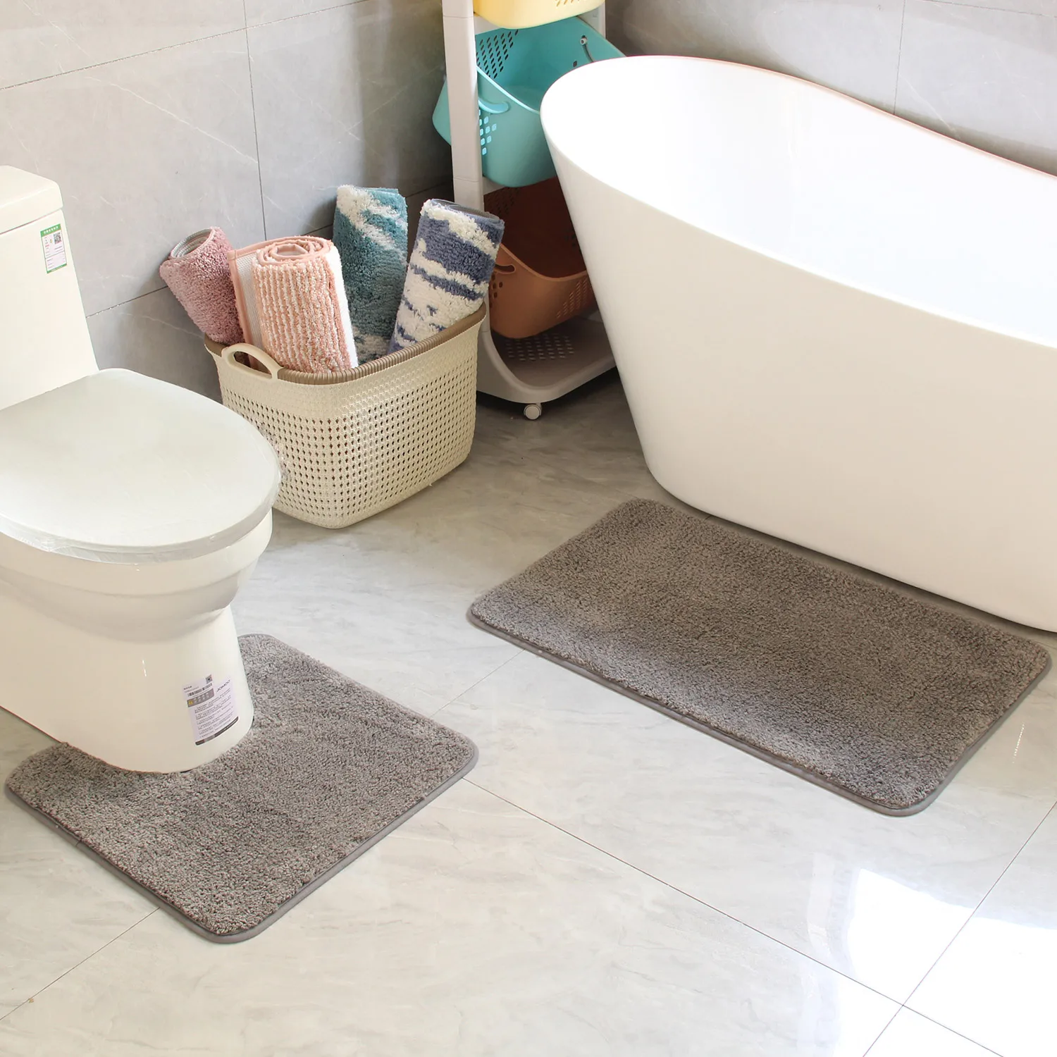 two-piece bathroom non-slip mat U-shaped set flocked absorbent foot mat for toilet and shower: Light Grey